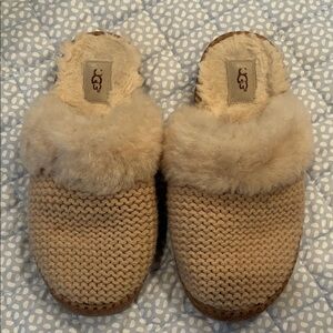 UGG Beige Knit Slippers with Plush Lining